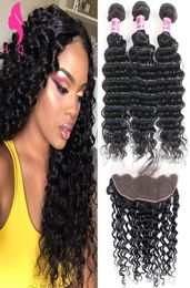 Peruvian Deep Wave hair 3 Bundles with Frontal Closure 9A Ear Lace Front Closures and Bouncy Curls Brazilian Virgin Human Hairs7655206