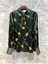 Women's Blouses Top Quality Silk Blouse Shirt 2024 Spring Summer Design Clothes Women Turn-down Collar Vintage Floral Prints Apricot Green