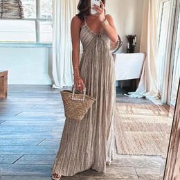 Casual Dresses Summer Cold Shoulder Halter Vocation Dress Female Chic V-neck Tie-up Ruffle Maxi Elegant Women Pleated A-line