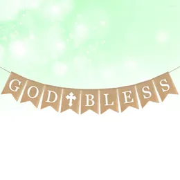 Decorative Flowers Burlap Banner God Bless Baptism Rustic Bunting Garland Christening Communion Party Supplies With White Holy Decorations