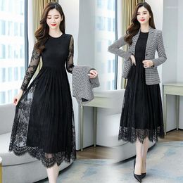 Work Dresses YASUGUOJI Women Blazer With Belt Print Mesh Lace Dress 2 Piece Set 2024 Spring Korean Fashion Ladies Long Sleeve Suits