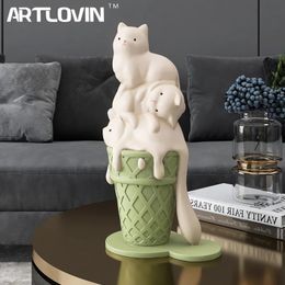 ARTLOVIN Ice Cream Cat Sculpture Resin Figurines For Bookcase Shelf Modern Home Room Decor Creative Animal Figures Gift 240409