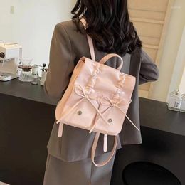 School Bags Leather Bow Backpack For Women Pleated Laptop Commuter Travel Shopping Bag Female Large Capacity Girl Casual