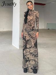 Casual Dresses JusaHy Women Sexy&High Street Turtleneck Printed Lace-up Long Dress Backless Maxi Sleeve Mesh Robe 2024