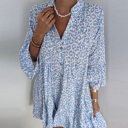 Women Casual V Neck Button Boho Dress Spring Leopard Print Pleated ALine Autumn 34 Flare Sleeve Loose Mini Vestido 240403