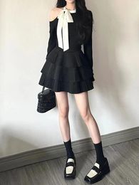 Work Dresses Two Piece Sets Outifits Off Shoulder Top Slim Fit Bow Long Sleeved Knitted Sweater Short Black Cake Skirt Y2k Faldas