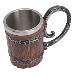 Mugs Viking Beer Mug With Handle 304 Stainless Steel Double Wall Wooden Imitation Mediaeval Tankard For Bar Restaurant Home