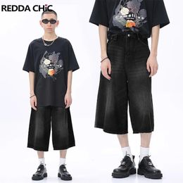 REDDACHiC Retro Black Whiskers Denim Shorts Men Distressed Frayed Baggy Jorts Casual Wide Leg Short Pants Hiphop Y2k Streetwear 240412