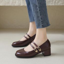 Dress Shoes Comemore French Square Head Mary Jane Pumps Women Thick Heel British Leather Shoe 2024 Fashion Middle Heels Shallow Mouth