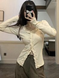 Women's T Shirts Y2k Aesthetic Fashion Crop Tops 2024 Autumn Sweet Womens V-neck Slim Long Sleeve Tees Vintage Sexy Ruffled