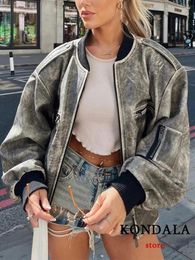 Women's Jackets KONDALA Chic Solid Grey Faux Leather Streetweat Long Sleeve Zipper Jacket Fashion 2024 Autumn Casual Cool Y2K Pockets