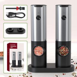 Rechargeable Electric Salt And Pepper Grinder Set USB Charging Base Stainless Steel Automatic Spice Grinder With LED Pepper Mill 240407