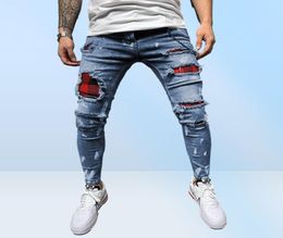 Men Pure Colour Grid Jeans Grey Patchwork Designer Hip Hop Pants Slim Fit Elastic Hiphop Style Pencil 2204087327668