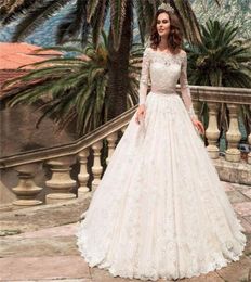 Long Sleeve Lace Applique Beading Sash Wedding Dresses Turkey Boat Neck A Line Weding Country Western Bridal Gowns vestido de noiv4948946