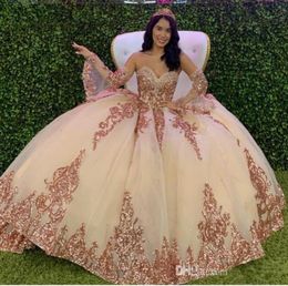 2020 Ball Gown Quinceanera Dresses With Detachable Long Sleeve Sweetheart Lace Appliqued Beads Evening Party Sweet 16 Prom Dress2342616