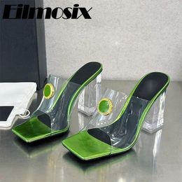 Slippers Sexy Transparent PVC High Heels Women 2024 Square Toe Crystal Heel Peep Slides One Strap Outside