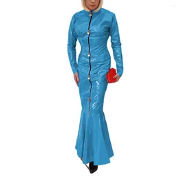 Casual Dresses Sissy Long Sleeve Fetish Slim Fit PVC Leather Maxi Mermaid Dress Glossy Latex Look Club Ruffles Female Streetwear