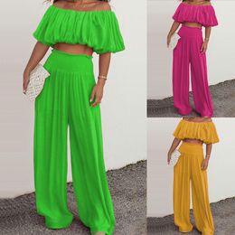 Elegant and Fashionable Ladies' Off-shoulder Wide Leg Pants Two-piece Set Featuring a Pressed Wrinkle design Made with Polyester fiber fabric
