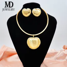 Necklace Earrings Set African Jewelry Fashion Dubai Wedding Pendant Heart Design Bridal Gold Plated Nigerian Accessories