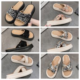 2024 Top Thick soled cross strap cool slippers women black white Exquisite sequin sponge cake sole one line trendy slippers