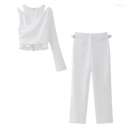 Women's Two Piece Pants 2024 Spring Female Fashion White One Shoulder Tops High Street Asymmetrical Zipper Ladies Chic Event Matching Set