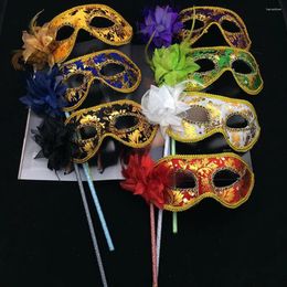 Party Supplies Luxury Gold Floral Masquerade Mask With Holding Stick Women Princess Sequins Half Face Halloween Festival