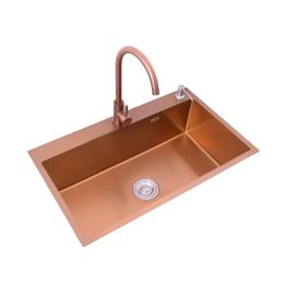 Rose Gold Kitchen Sink Single Bowl 75x45cm Above Counter Sink Small Sink Balcony Household with Shelf and Soap Dispenser