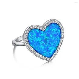 Cluster Rings WPB S925 Sterling Silver Women Opal Blue Heart Ring Female Bright Zircon Luxury Jewelry Girl's Holiday Gift Party