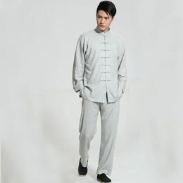 Arrival Chinese Mens Solid Cotton Linen Kung Fu Suit Long Sleeve Wu Shu Tai Chi Sets Thin Buddhist Clothes S-3XL 240403