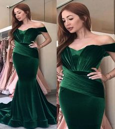 2019 Dark Green Velvet Mermaid Prom Dresses Formal Evening Wear Off Shoulder Evening Gowns Pleated Floor Length Party Dress BC03717124455