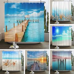 Craft Seaside Scenery 3d Printed Polyester Shower Curtain Wooden Bridge Nature Fabric Waterproof Bathroom Curtain for Bathtub 180x180