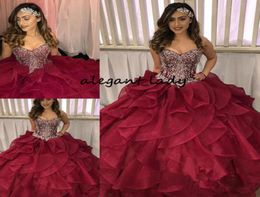 Tiered Cascading Ruffles Quinceanera Dresses Pageant Dazzling Silver Crystal Rhinestone Burgundy Organza Ball Gown Prom Dress For 6163392