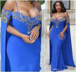 Sexy Blue Evening Dresses Beaded Spaghetti Straps Mermaid Arabic Prom Dresses With Warp African Formal Party Dress Plus S2821375