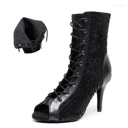 Dance Shoes Women High Top Latin Black Leopard Hgih Heel Ballroom Salsa Boots For Girls Flock Pratice Modern