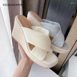 Slippers Beige Mesh Cross Strap Open Toe Slipper Women Summer Shoes Straw Rope Weave Wedge Heel Mules Slides Platform Sandal Outside Wear