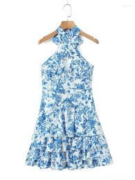 Casual Dresses Spring Summer Cross Halter Collar Women's FFashion Short 2024 Elegant Blue Flower Print Ladies High Wiast Tiered Dress