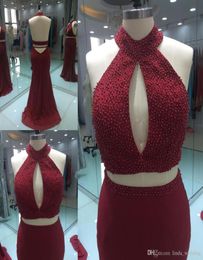 2019 Real Pos Two Pieces Burgundy Colour Mermaid Long Prom Dress New Design Sexy Beaded Backless Party Gown Custom Made Plus Si2426119
