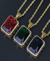 hip hop gem pendant necklaces for men women luxury green blue gemstone ruby pendants stainless steel colorful necklace jewelry lov9878205