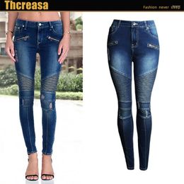Women's Jeans 2024 Motorcycle Clothes With Holes Slim Body Elastic And Thin Medium Waist Pencil Pants