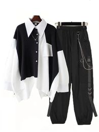 Women Streetwear Two-piece Suit Splice Chain Long SleeveRibbon Chain Pants Harajuku Cargo Pants 2 Piece Sets Womens Outfits 240412