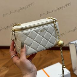 Luxury Designer White Rhombus Plaid Quilted Suitcase Vanity Box Bags Mini Square Makeup Purse WitH Mirror Gold Ball Chain Crossbody Cosmetic Case 11CM 17CM