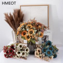 Decorative Flowers 42cm Autumn Sunflower Artificial Silk Bouquet Wedding Floral Arrangement Accessories Home Garden Table Decor Po Props