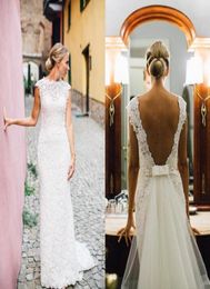 New Sheath Lace Wedding Dress Sheer Neck Capped Sexy Backless Bridal Gowns with Detachable Tulle Train Custom Made1835808