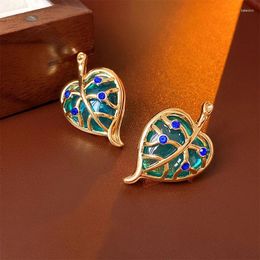 Dangle Earrings Retro Glazed Leaf Hollowed Out With Diamonds Contrasting Colour Metal Sense Fashion Women Girls Accessories