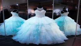 Ruffled Organza Skirt Quinceanera Dresses 2023 with Pearl Beaded Bodice Sheer High Neck Lace up Backless Light Sky Blue Prom Puffy1796056