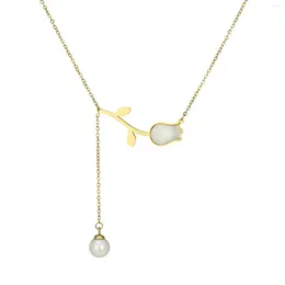 Pendant Necklaces Tulip Clavicle Necklace Flower Stainless Steel Chain With Pearl Dangling Women's Jewellery