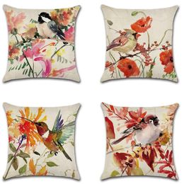 Pillow Watercolour Bird Cover American Rural Style Pillowcase Hand Painting Birds Flowers Linen For Sofa Car Decor