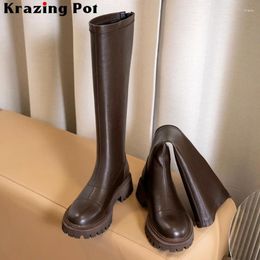 Boots Krazing Pot Riding Genuine Leather High Quality Round Toe Thick Med Heel Back Zip Dating Beauty Lady Knee-high L9f3