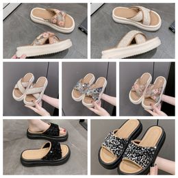 Top Luxury Thick soled cross strap cool slippers for women to wear Exquisite sequin sponge cake sole one line trendy slippers size35-41