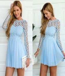 New Designer Light Blue Long Sleeve Crochet Tulle Skater Prom Dresses cute lace long sleeve Homecoming Dress short occasion Party 4763881